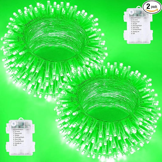 2 Pack St. Patrick's Day String Lights Battery Operated with Timer, 66FT 200 LED Waterproof Twinkle Lights, 8 Modes Fairy Light for Indoor and Outdoor Christmas St. Patrick's Day Decorations (Green)