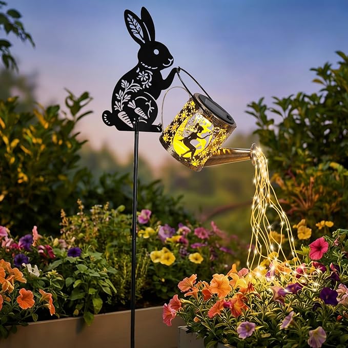 LOVERUIS Garden Statues Bunny with Solar Watering Can Lights, Cute Outdoor Bunny Figurines Easter Garden Decor for Patio Yard Lawn Ornaments, Unique Gift for Women Mom Grandma