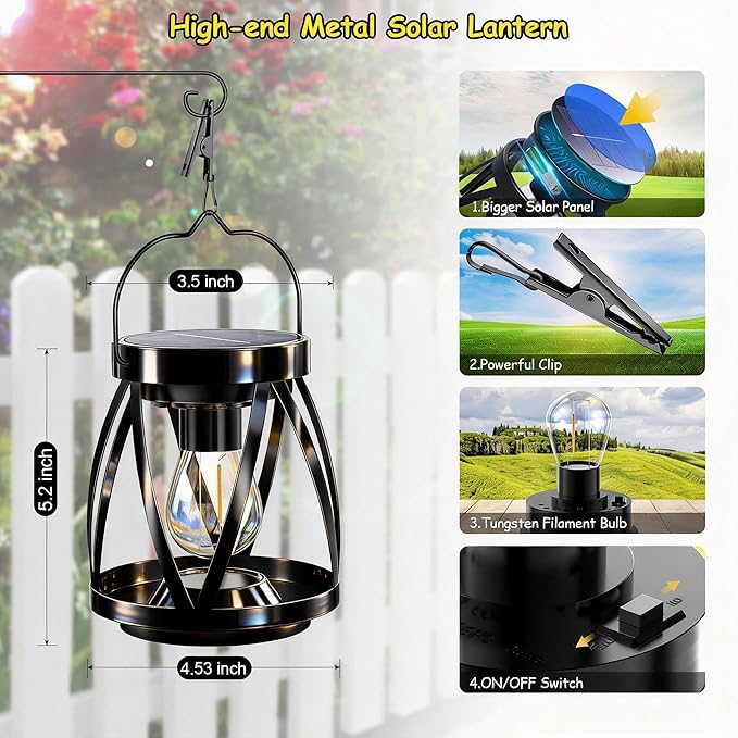 GARPAR Solar Lanterns Lights Outdoor Waterproof, 4 Pack Upgraded Metal Outdoor Lantern, Brighter Auto On/Off 18H Hanging Solar Lights for Outside Garden Yard Patio Porch Decor, Gift for Mom