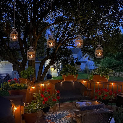 Solar Lanterns Outdoor Waterproof, Rust Iron Cage Candle Holder with Flickering Solar Powered Tea Lights, Hanging Solar Lights for Outside Tree Backyard Patio Garden Fence Decoration-4Pack