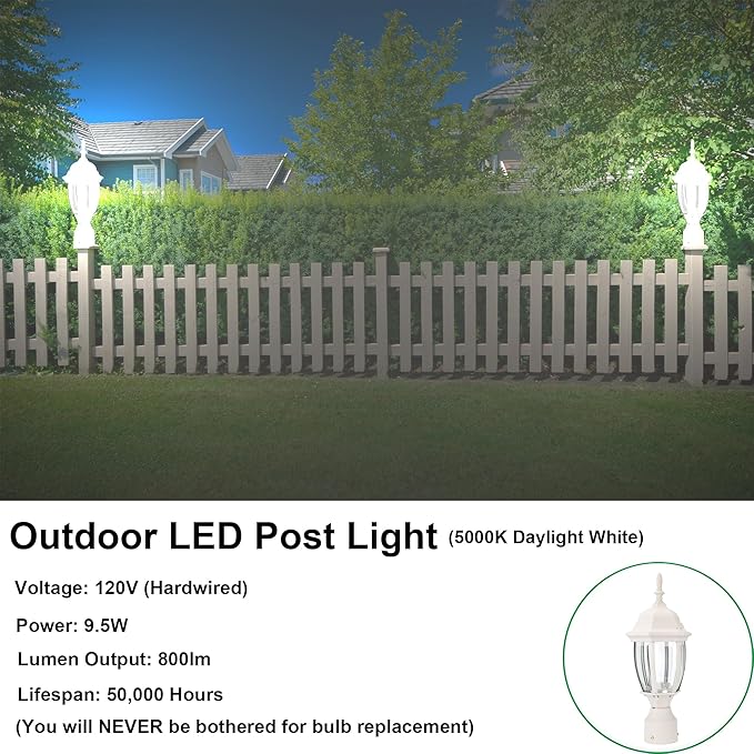 LIT-PaTH LED Outdoor Post Lighting Fixture, Pole Lantern, 9.5W 800 Lumens, 5000K Daylight White, Aluminum Housing Plus Glass, Matte White Finish, 1-Pack