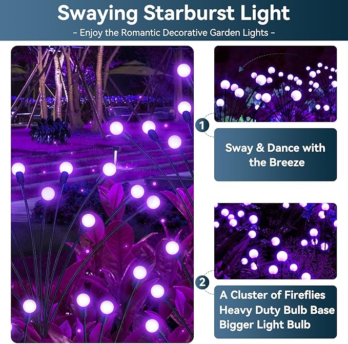 Solar Garden Lights Outdoor Waterproof, 2 Pack 16 LED Swaying Light Firefly Light Outdoor Decor Lights for Pathway Party Christmas Decoration, Unique Gifts for Women, Purple
