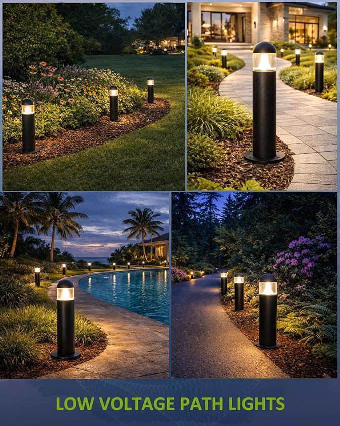 8 Pack Aluminum Low Voltage Landscape Pathway Lights Wired, Outdoor Modern 12V LED Bollard Lights for Driveway Garden Walkway Yard (Included Connectors), 2700K Warm White Waterproof, Black