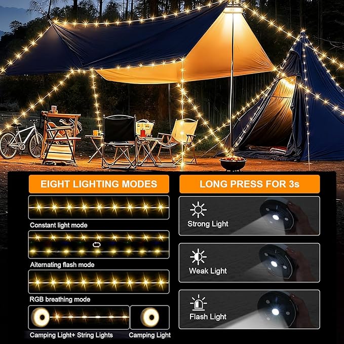 Warm Camping String Lights, 32.8ft Rechargeable Retractable String Lights, Waterproof Indoor/Outdoor use, 8 Modes, 4-in-1 Quick Storage Portable Lamp, Suitable Camping, RVs, Parties, Christmas