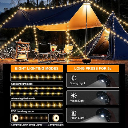 2-Pack Warm Camping String Lights, 4-in-1 Quick-Closing, 32.8-Foot Rechargeable Tent Lights, 8 Lighting Modes, Portable LED Lights, Christmas Fairy Lights Party Decorations Camping Essentials
