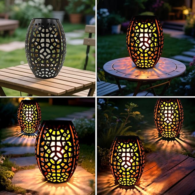 2PCS Solar Table Lanterns with Flickering Flame Light Outdoor Waterproof, Metal Desktop Decorative Lamp with Hollow Design for Tabletop Garden, 7.3" H Black Geometric Figure
