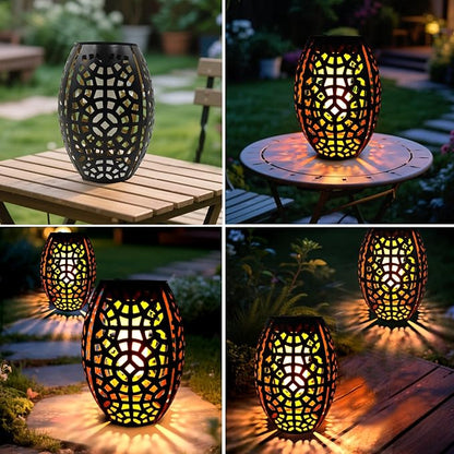 2PCS Solar Table Lanterns with Flickering Flame Light Outdoor Waterproof, Metal Desktop Decorative Lamp with Hollow Design for Tabletop Garden, 7.3" H Black Geometric Figure