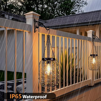 Hanging Solar Lanterns Outdoor Waterproof, Vintage Copper Hanging Lantern Lights for Outside, Solar Chandelier Outdoor Idea for Yard Garden Pathway Gazebo Pergola Porch Decor, 2 Pack