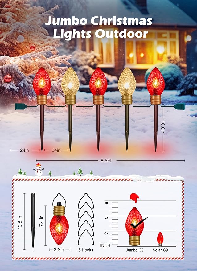 Moonflor Strawberry Jumbo C9 Christmas Pathway Lights Outdoor - 8.5 FT 5 LED Large C9 Pathway Lights, Hanging Jumbo Christmas Light Outdoor Decorations for Lawn Holiday Yard, Red & Warm White