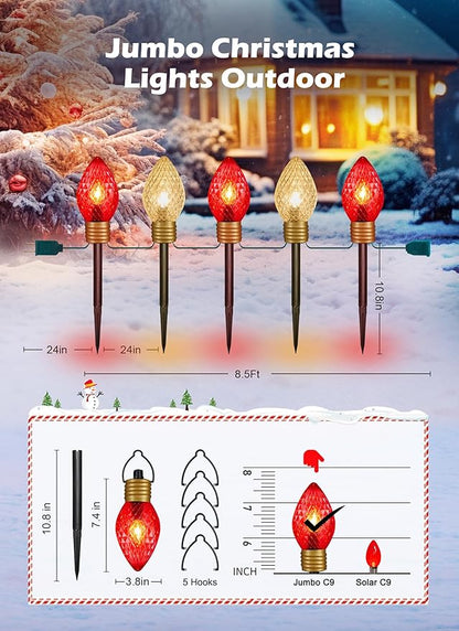 Moonflor Strawberry Jumbo C9 Christmas Pathway Lights Outdoor - 8.5 FT 5 LED Large C9 Pathway Lights, Hanging Jumbo Christmas Light Outdoor Decorations for Lawn Holiday Yard, Red & Warm White