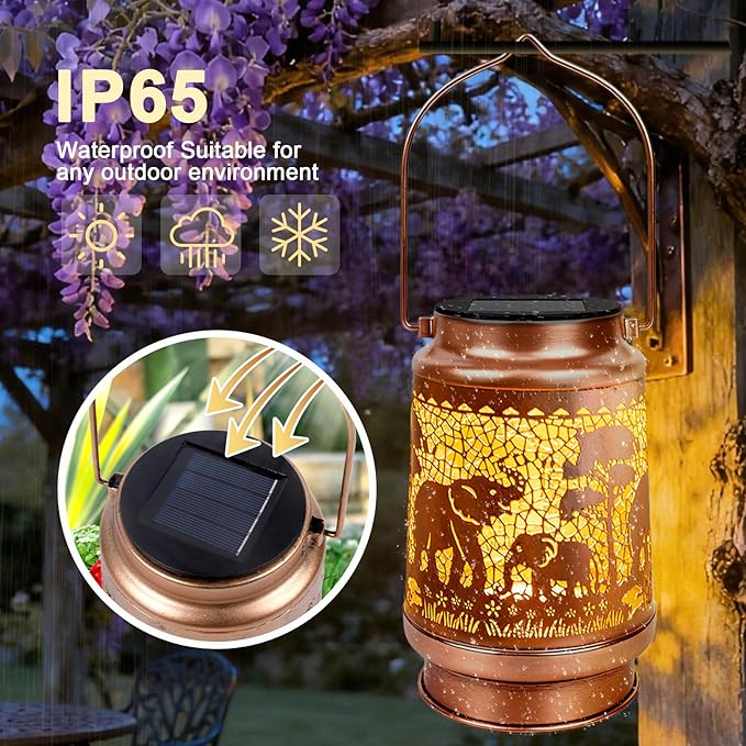 Elephant Solar Lanterns Outdoor Waterproof - Wxiben Elephant Decor for Garden Yard Patio Lawn, Hanging Solar Lights for Outside, Birthday Christmas Mother's Father's Day Gifts for Mum Dad Grandpa