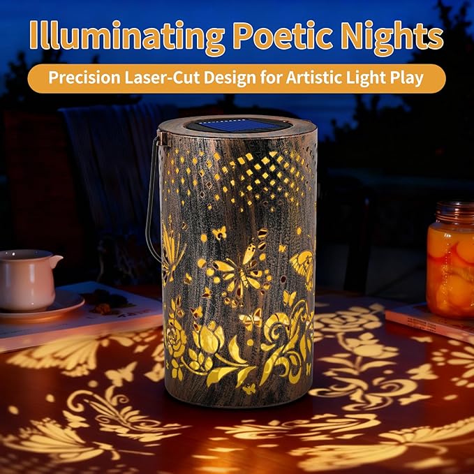 Outdoor Solar Garden Lights: Solar-Powered Yard Patio Hanging Decoration Lanterns with Handle, Outside Waterproof Decorative Lamps with Dynamic Dragonfly Pattern (Butterfly)