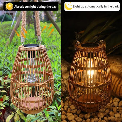 Natural Rattan Solar Lantern with Handle - Large Waterproof LED Decorative Garden Lights, Bright Rattan Solar Table Lamp for Yard, Patio, Wedding, Home Decoration