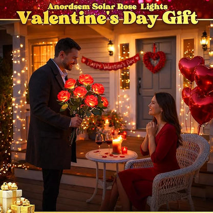 Anordsem Solar Garden Lights Outdoor: 10 Waterproof Fabric Roses 2 Pack - Red LED Flower Decorations for Yard Patio Path Cemetery Grave - Mother's Day Gifts for Her Women Mom Wife
