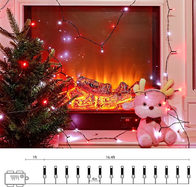 Lomotech Battery Operated Christmas Lights - 4 Pack Total 66ft 200LEDs String Lights 8 Modes Waterproof with Timer for Home, Garden, Party, Holiday, Tree Decoration (Green Wire, Red & White）