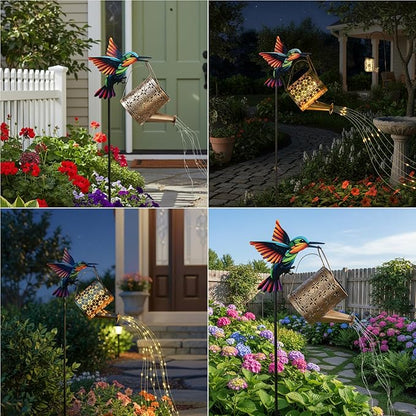 Solar Watering Can with Cascading Lights Outdoor Garden Decor,Solar Hummingbird Lights Shaped Hook Gardening Gifts, Hanging Garden Lights for Patio Yard Lawn Porch Outdoor Decoration