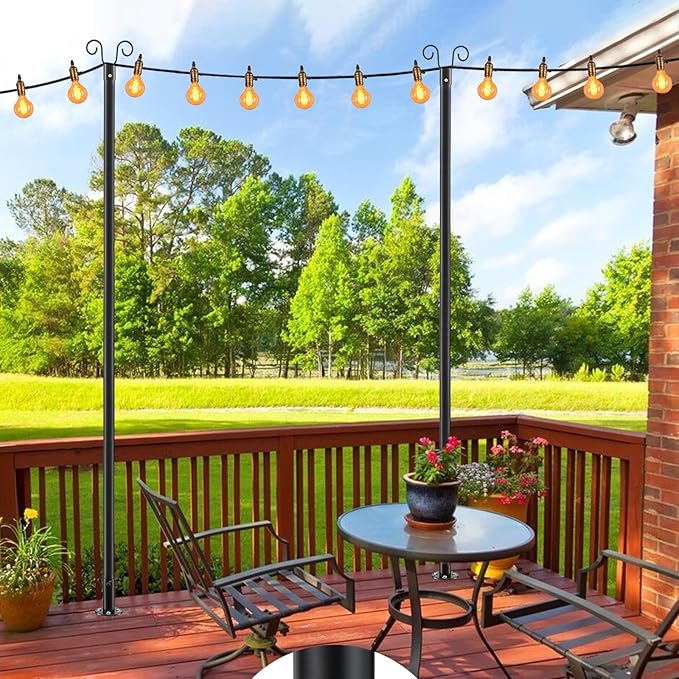 String Light Pole for Ground, 8FT Heavy Duty Adjustable Metal Poles for Outdoor String Light Hanging with Flange Base, Backyard, Garden, Patio, for Party (1 Pcs)