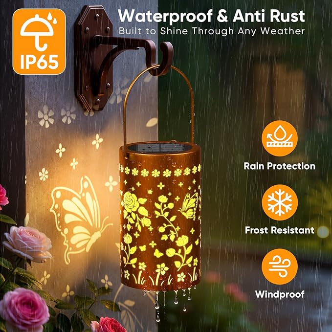Solar Lanterns Outdoor Waterproof: 1 Pack Butterfly Rose Hollow Decorative Lantern with Handle - Warm & Cool Light Auto On/Off IP65 Waterproof - 10H Lighting Patio Decor Gift for Women