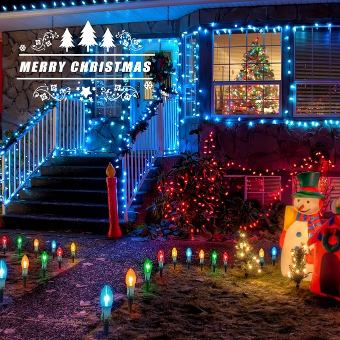 Brightown C9 Christmas Lights Outdoor, 2 Packs Total 51.4 Ft Christmas Pathway Lights with 40 LED Bulbs and Stakes, Connectable Outdoor Christmas Decorations Yard Walkway Sidewalk Holiday, Multicolor