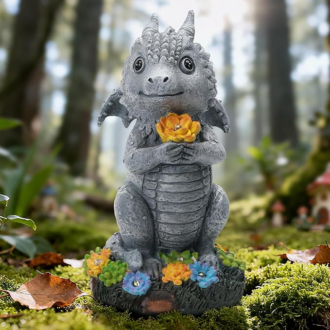 Solar Garden Outdoor Statues Dragon with Succulent, Lawn Decor with LED Lights, Outside Statue for Patio, Balcony, Yard Ornament, Housewarming Valentine's Day Gift for Wife Mom Grandma