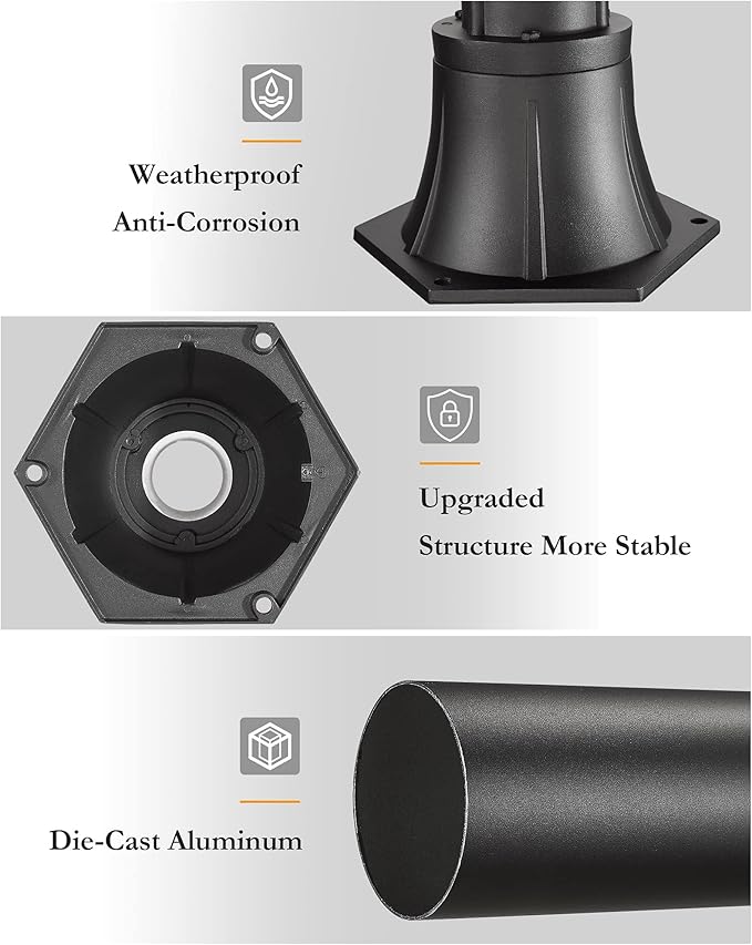 Outdoor Post Light Pole with Base, HWH Outside Lamp Post Accessories, Black Aluminum Mounting Pole and Base for Exterior Pathway Patio Garage Yard Garden, 5HW39PA BK