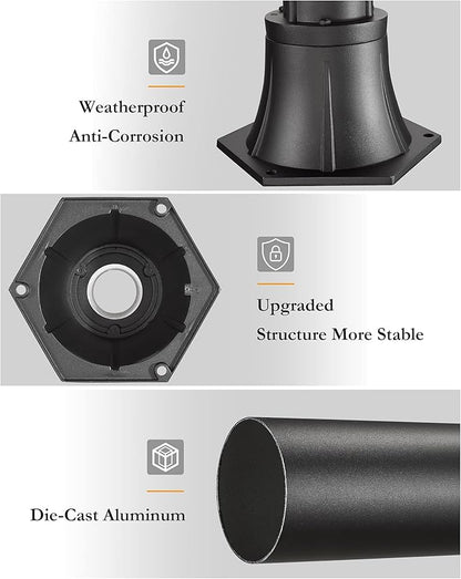 Outdoor Post Light Pole with Base, HWH Outside Lamp Post Accessories, Black Aluminum Mounting Pole and Base for Exterior Pathway Patio Garage Yard Garden, 5HW39PA BK