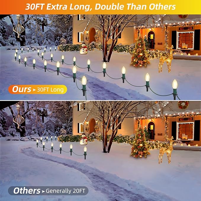 30Ft C9 Led Christmas Pathway Lights Outdoor, 20 Warm White Bulbs Waterproof Connectable Christmas Walkway Lights with Stakes for Yard Lawn Sidewalk Driveway Christmas Decorations