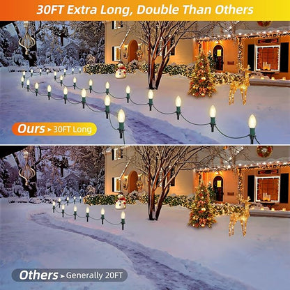 30Ft C9 Led Christmas Pathway Lights Outdoor, 20 Warm White Bulbs Waterproof Connectable Christmas Walkway Lights with Stakes for Yard Lawn Sidewalk Driveway Christmas Decorations