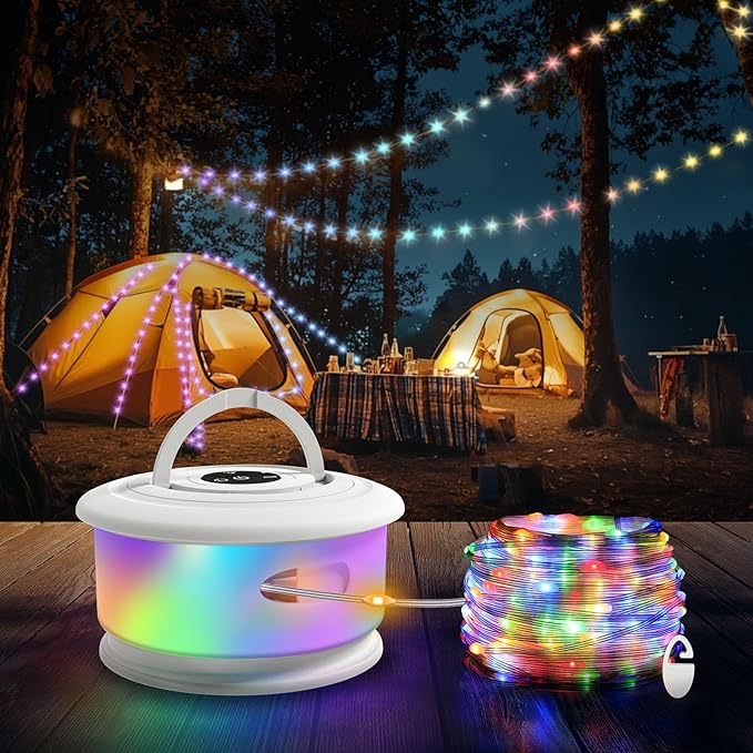 Camping String Lights, 3 in 1 Upgraded Retractable RGB Outdoor String Lights with 19 Lighting Modes, Quick 30s Recovery, 32.8 FT Portable Tent Lights, Rechargeable Camping Lantern (White)