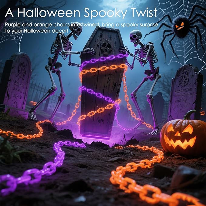 10Ft Battery Operated Plastic Chain Lights for Halloween Decorations, 8 Modes Timer Orange Halloween String Lights Waterproof Lighted Props Chains for Skeleton Dog, Haunt House,Costumes Party Decor