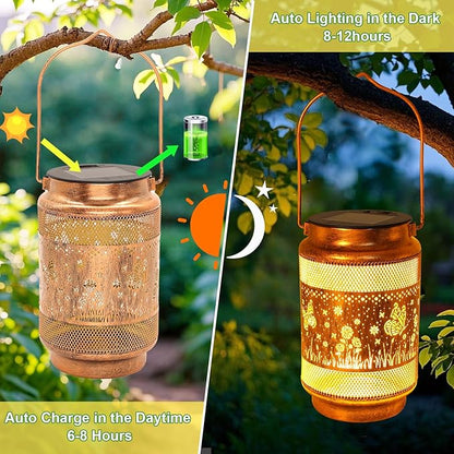2 Pack Butterfly Solar Lanterns Outdoor Waterproof Solar Garden Decor, Birthday Gifts for Women Mom Grandma, Metal Hanging Lights with Shepherd Hook for Outside Yard Patio Pathway Porch