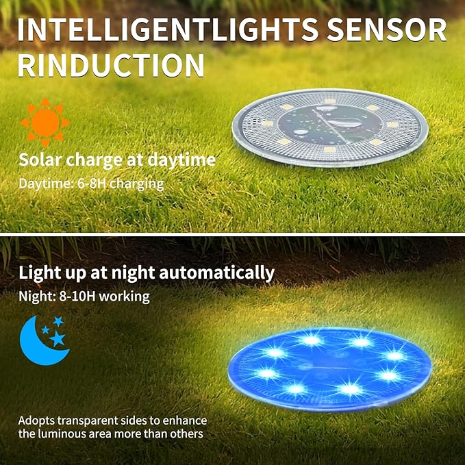 Ground Lights 8 Pack, IP68 Waterproof Solar Disc Lights for Outdoor, Flat Garden Light, In-Ground Light, Landscape Lighting for Pathway, Walkway, and Yard-8 Pcs (Blue)