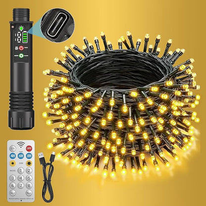 Rechargeable Battery Operated String Lights with Remote, 33ft 100 LED Rechargeable Battery Twinkle Lights Waterproof, Christmas Light Outdoor Indoor for Tree Christmas Decor(Warm White)