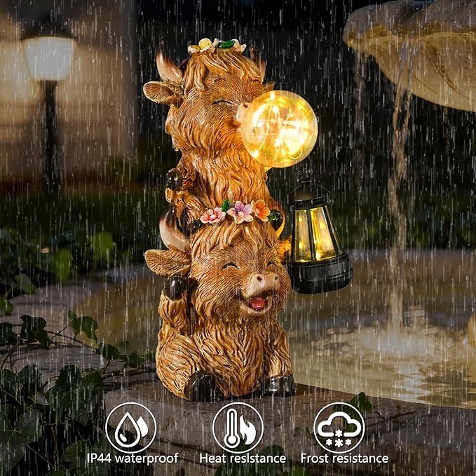 Solar Highland Cow Garden Statue with LED Lights, Cute Resin Outdoor Decor with Glowing Lantern & Light-Up Bubble, Waterproof Solar Yard Ornament for Lawn, Patio & Garden (Brown Cow)