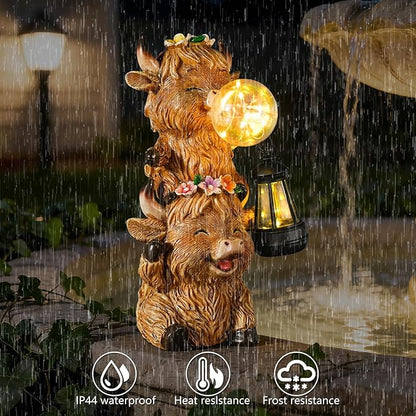 Solar Highland Cow Garden Statue with LED Lights, Cute Resin Outdoor Decor with Glowing Lantern & Light-Up Bubble, Waterproof Solar Yard Ornament for Lawn, Patio & Garden (Brown Cow)