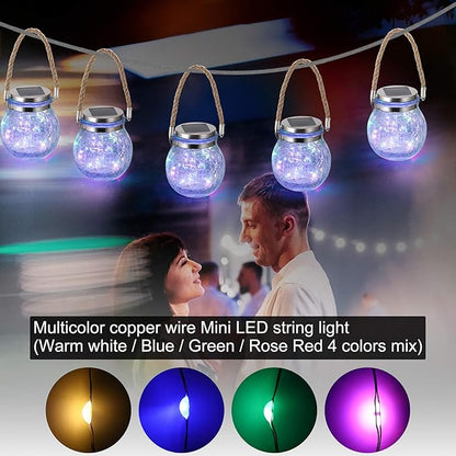 Solar Hanging Lanterns Outdoor Waterproof, Table Lamps Decorative Cracked Glass Jar 30 LED Lights for Garden Tree Court Yard Patio Pathway Christmas Day Holiday Party Decoration (2, Colors)
