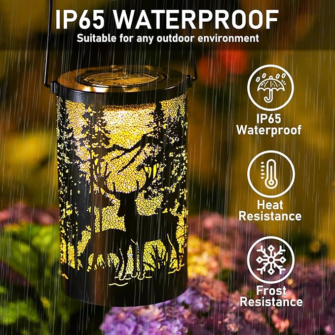 Solar Lantern Outdoor Waterproof Deer Garden Decor Birthday Gifts for Women Mom Grandma Hanging Solar Lights Metal Decoration Outside for Yard Patio Backyard Porch