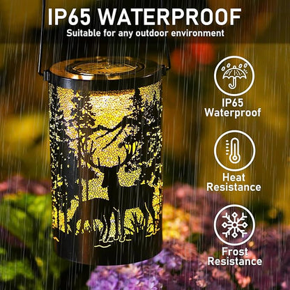 Solar Lantern Outdoor Waterproof Deer Garden Decor Birthday Gifts for Women Mom Grandma Hanging Solar Lights Metal Decoration Outside for Yard Patio Backyard Porch