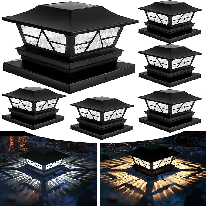 TW SHINE Solar Post Cap Lights 6 Pack, 2 Modes Fence Post Solar Powered Lights Outdoor Waterproof for 4x4 5x5 6x6 Wood Posts Warm White/Cool White for Yard, Garden, Porch, Deck, Patio Decor