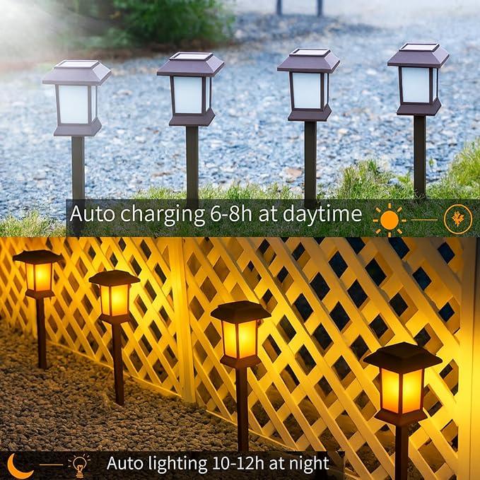 6Pack Solar Pathway Lights Outdoor with Flickering Flame, IP65 Waterproof, Solar Flame Lights with Hook, Upgraded 1000mAH Battery, Up to 12Hrs, Auto On/Off, Decor for Garden, Walkway
