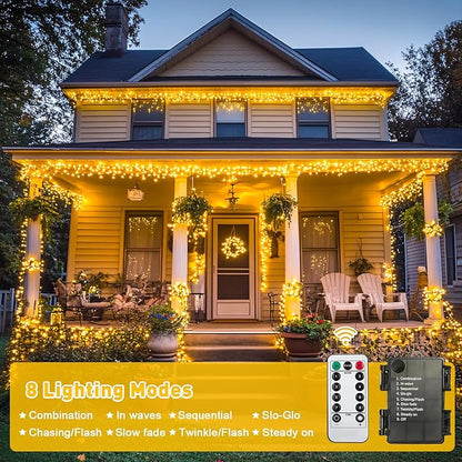 JMEXSUSS Battery Operated Christmas Lights with Remote, Each 33 FT String Lights Indoor Outdoor Waterproof, 2 Pack 100 LED Warm White Christmas Tree Light for Outside Party Garden Yard Porch Decor