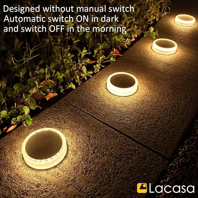 Lacasa Solar Deck Lights, 4 Pack 30LM Outdoor Solar Powered Step Lights, LED Dock Lights Warm White 2700K Light up All Night IP68 Waterproof Auto ON/Off for Garden Stairs Driveway Pathway Lighting