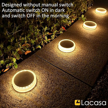 Lacasa Solar Deck Lights, 4 Pack 30LM Outdoor Solar Powered Step Lights, LED Dock Lights Warm White 2700K Light up All Night IP68 Waterproof Auto ON/Off for Garden Stairs Driveway Pathway Lighting