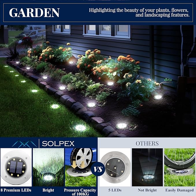 16-Pack Cool White Flat Solar Landscape Lights, Waterproof LED