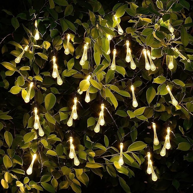 Solar String Light Outdoor Waterproof Solar Drop Lights,Water Drop Fairy Lights 13ft 20LEDs Solar Light with 8 Modes Solar Party Lights for Garden,Christmas Decorations (Warm White)