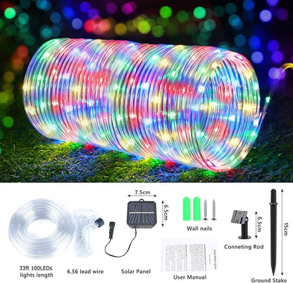 Solar Rope Lights, 2 Packs Total 66ft 200LED Solar String Lights, 8 Modes Waterproof Solar Powered Outdoor Light, Flexible Clear Tube Light for Garden Backyard Patio Deck Pool Tree Decor - Multicolor