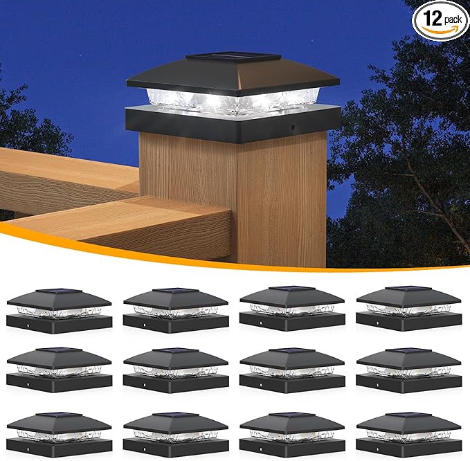 12-Pack Cool White Solar Deck Post Lights, Outdoor LED Caps