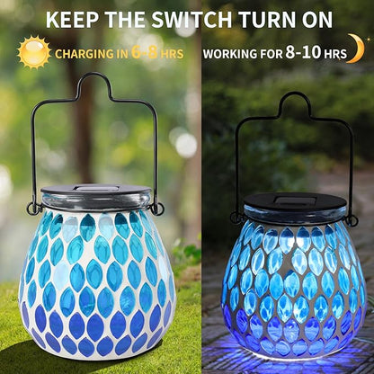 Afirst Mosaic Solar Lanterns - Glass Hanging Lights Hollow Out Waterproof Decorative for Garden, Patio, Holiday Party Outdoor Decoration, Blue-C, 5009420