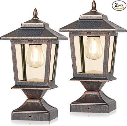 Derynome Solar Post Cap Lights, Waterproof Outdoor Light for 4x4 Wooden Posts, Solar Lights with Glass Shade for Deck Fence Patio Post Decor,Bronze (2 Pack)
