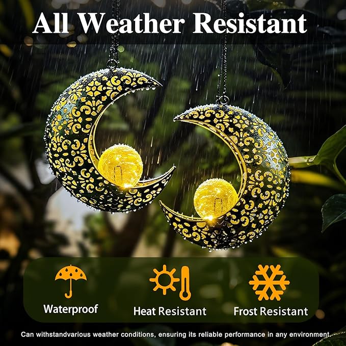 Solar Garden Hanging Moon Lights Outdoor Decor,2 Pack Metal Lanterns Art Decorations for Outside Yard Lawn Patio Wall Fences Driveway Trail,Unique Housewarming Gardening Gifts for Women Mom